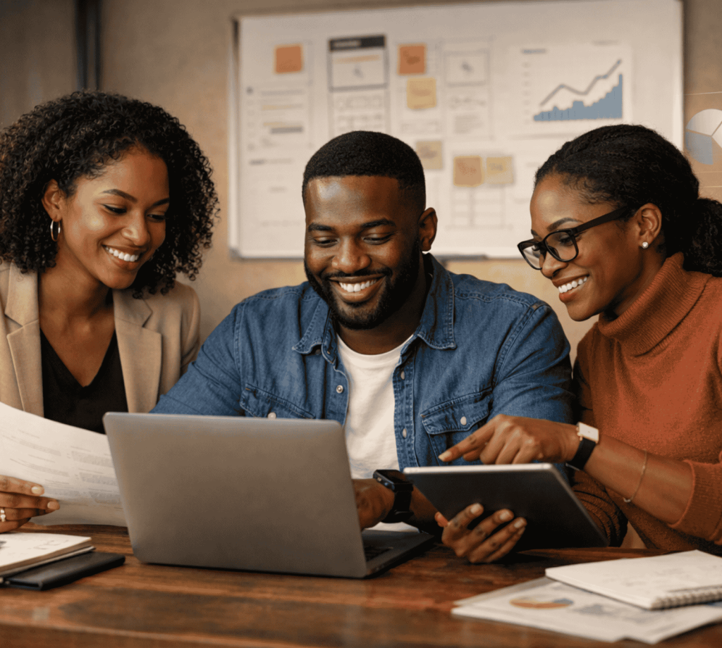 Three professionals collaborating during a consultation, reviewing documents and digital data together on a laptop and tablet.