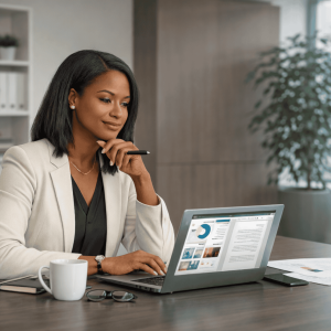 Confident Black professional working at a modern desk with a laptop and documents in a bright, contemporary office setting.