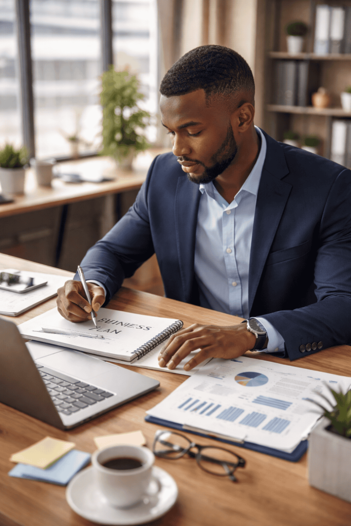 Black professional working on a business plan at a desk in a modern office environment