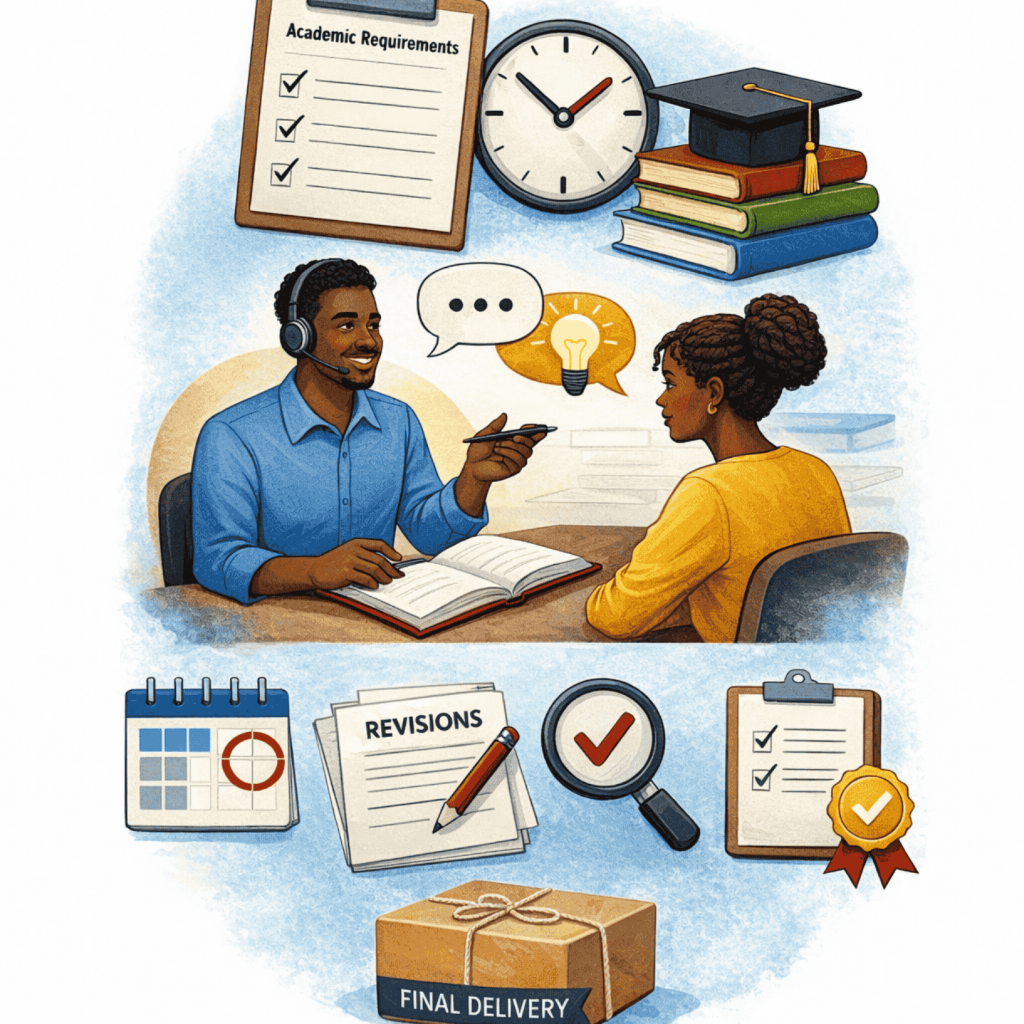 An illustration depicting an academic advising session, featuring a checklist for academic requirements, a clock, books, a graduation cap, two people in discussion, a calendar, revision documents, a magnifying glass, a checklist with a ribbon, and a package labeled "Final Delivery