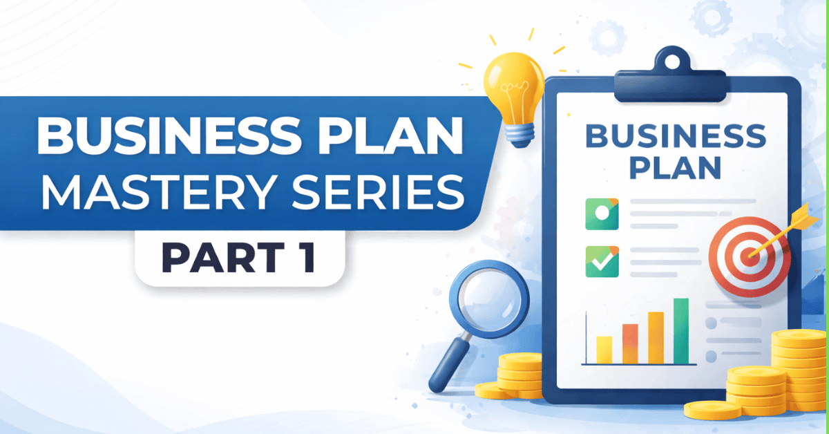 Business Plan Mastery Series Part 1 thumbnail showing a business plan document, charts, and target icon representing planning and strategy