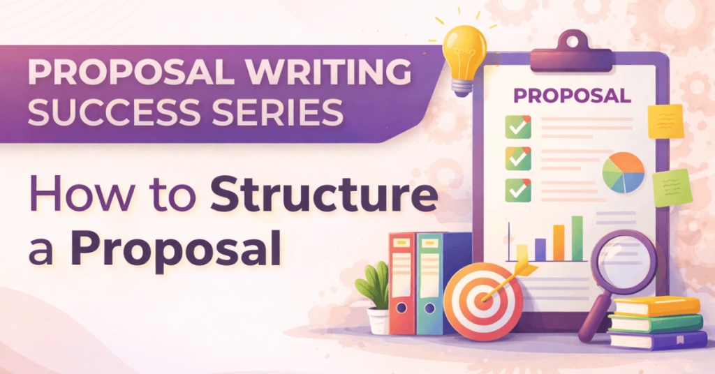 Proposal Writing Success Series thumbnail showing a structured proposal document with checklists, charts, and target icon representing effective proposal development.