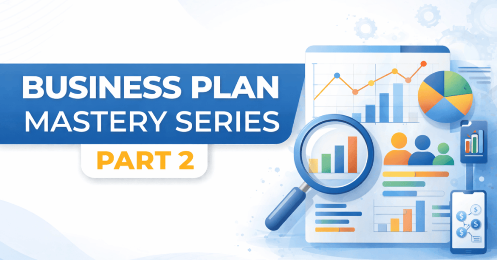 Business Plan Mastery Series Part 2 thumbnail showing market research elements like charts, magnifying glass, and data analysis