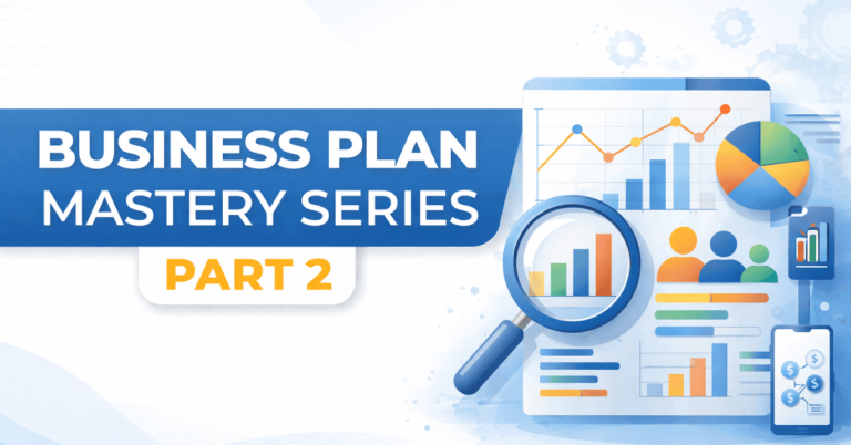 Business Plan Mastery Series Part 2 thumbnail showing market research elements like charts, magnifying glass, and data analysis