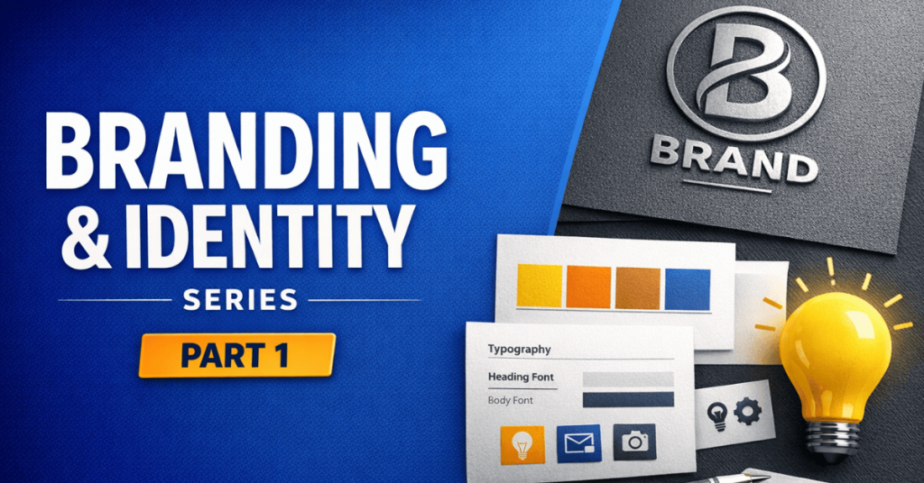 Branding and Identity Series Part 1 thumbnail showing brand elements including logo mockup, color palette, typography, and design tools.