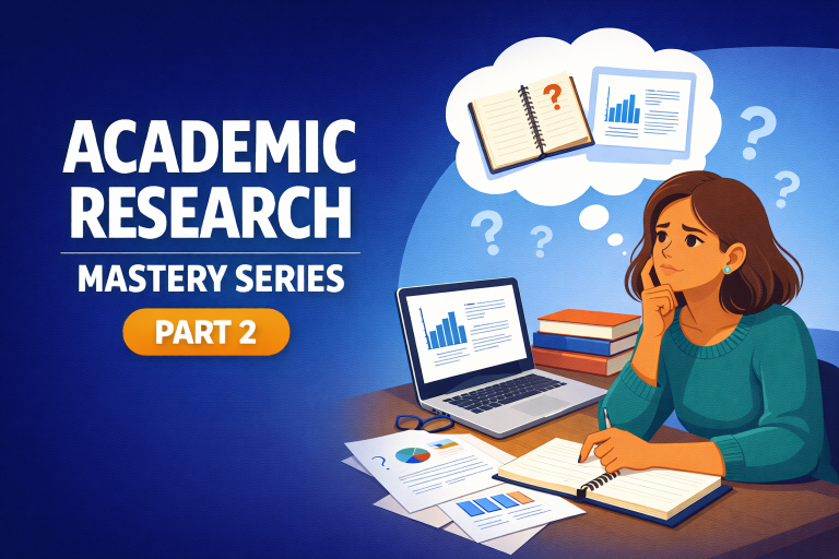Academic Research Mastery Series Part 2 thumbnail showing a student thinking and writing with research materials, charts, and question marks