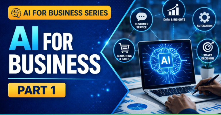 Thumbnail showing “AI for Business Part 1” with a blue technology background, a laptop displaying an AI brain interface, and icons representing customer service, data and insights, automation, marketing and sales, and smart decisions.
