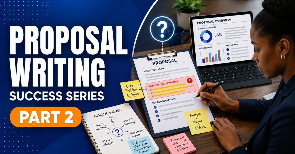 Thumbnail design with a deep blue gradient background on the left featuring bold white text reading “PROPOSAL WRITING SUCCESS SERIES” and an orange rounded label “PART 2.” On the right, a Black woman is seated at a desk reviewing a proposal document with a highlighted problem section. A laptop displays charts and structured content, while notes, a checklist, and a subtle question mark icon emphasize analyzing and defining a problem.